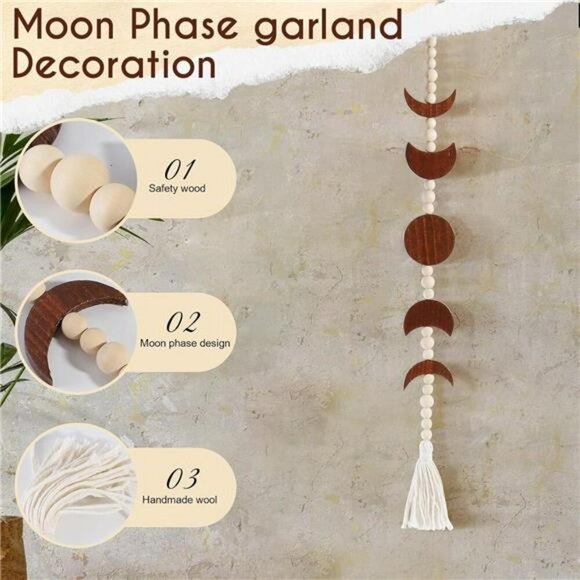 Moon Phase Wall Hanging Boho Wood Bead Tassel Decor for Bedroom Living Room - Picture 2 of 7